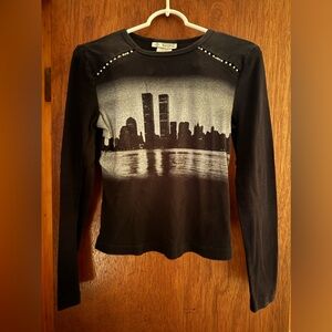 Juniors Long Sleeve T-Shirt, NYC Twin Towers, Black, Rhinestones, Size SMALL